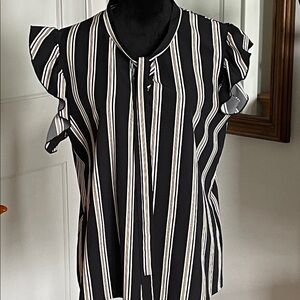 SHEIN XL,Black,White,brown,Vertical Stripe Flutter Sleeve Blouse. Worn x1. EUC
